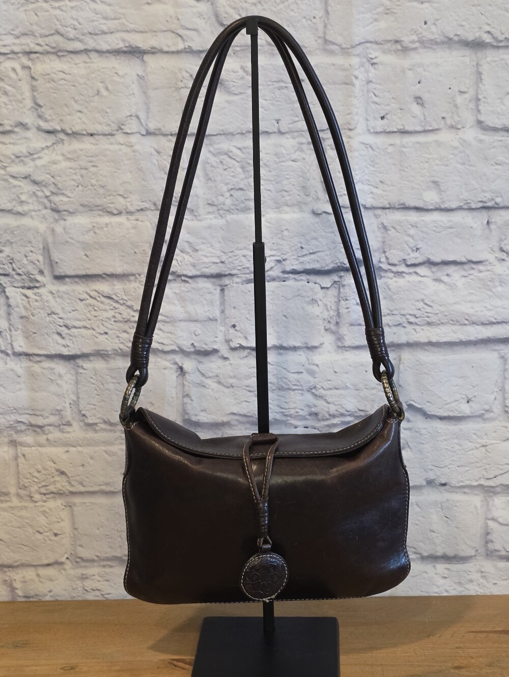 Enzo Angiolini Vintage Dark Brown Leather Shoulder Bag with Rose Charm